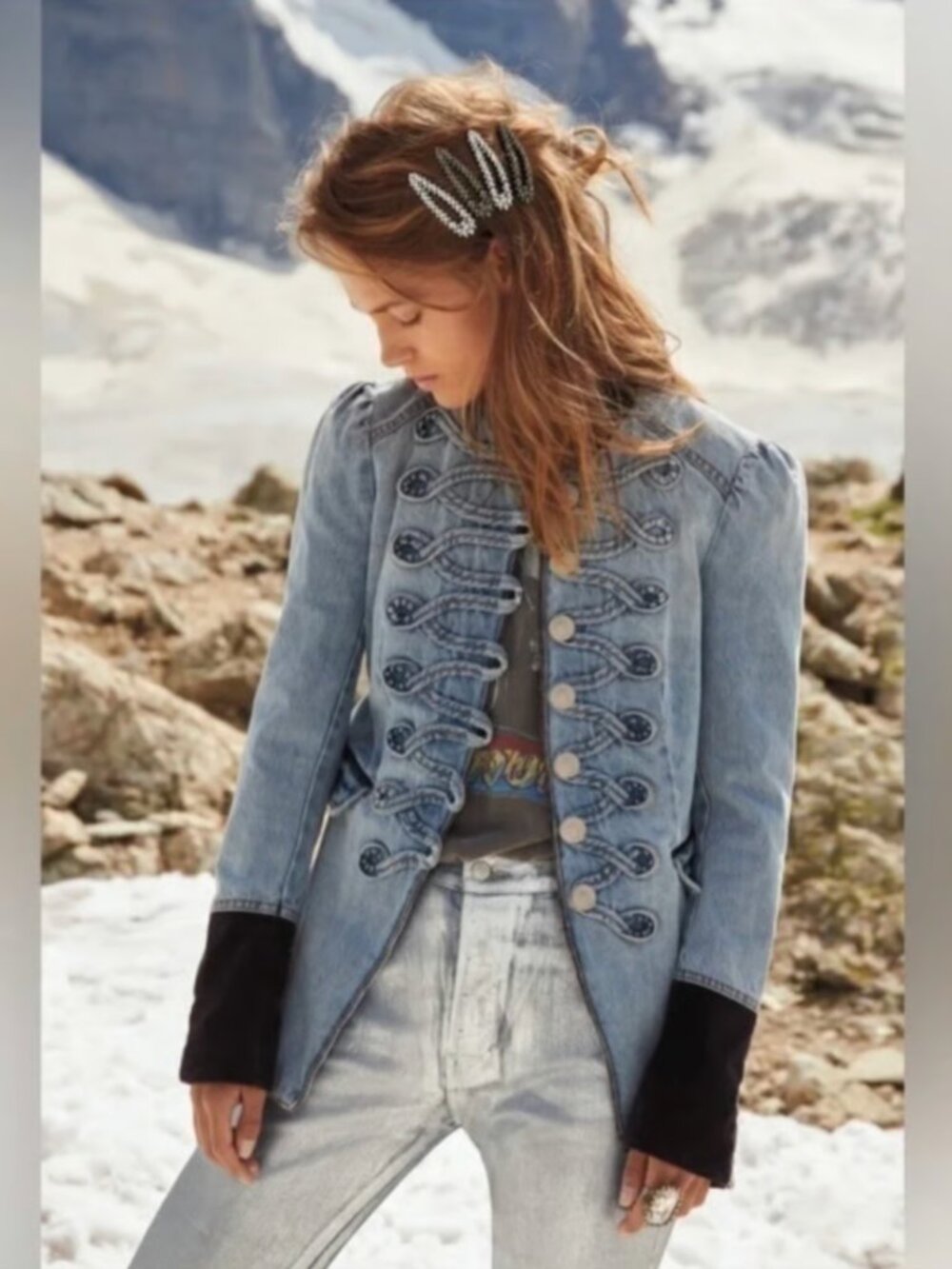 Free People Denim Seamed And Structured Military Napoleon Victorian Jacket, M